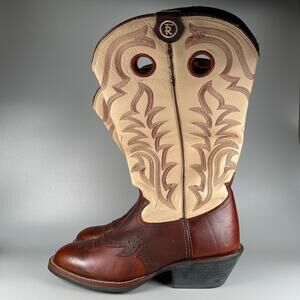 Tony Lama Men's Size 12 D Brown Cream Leather Pull On Western Cowboy Boots GUC